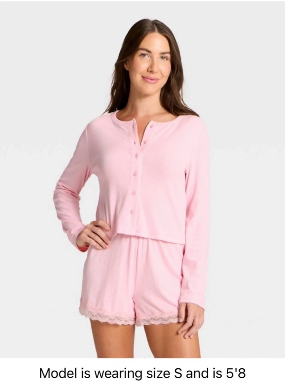 Auden Pink Ribbed Pajama Set Long Sleeve Top Lace Trim Shorts‎ XXL new